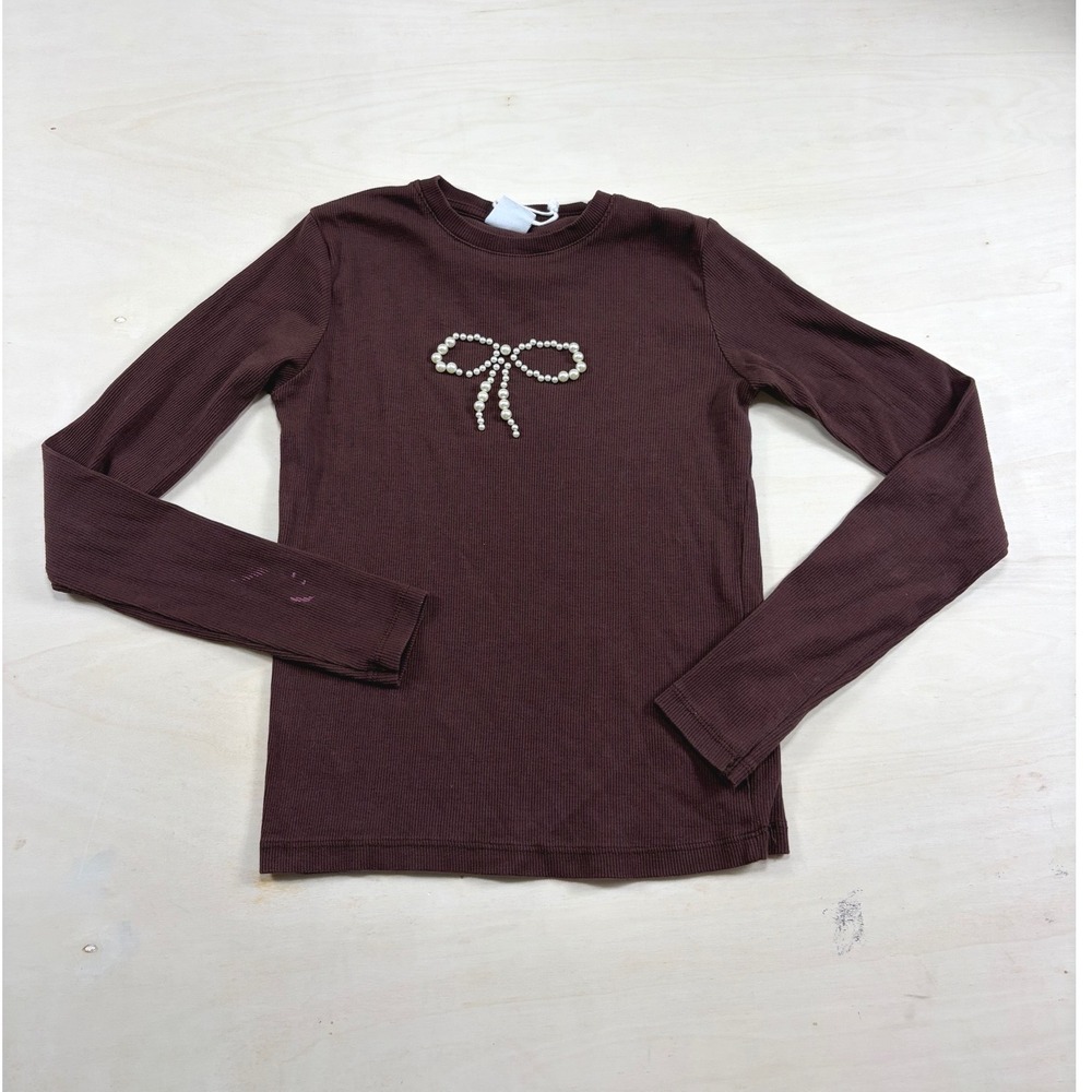 Zara Kids Girls Brown Ribbed Long Sleeve Top Pearl Bow Size 13-14 164